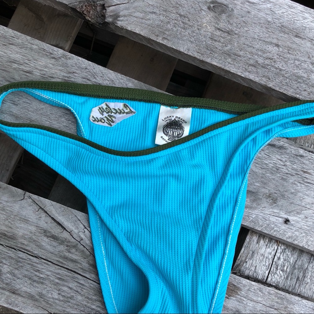 Blue bikini bottoms with dark green trim